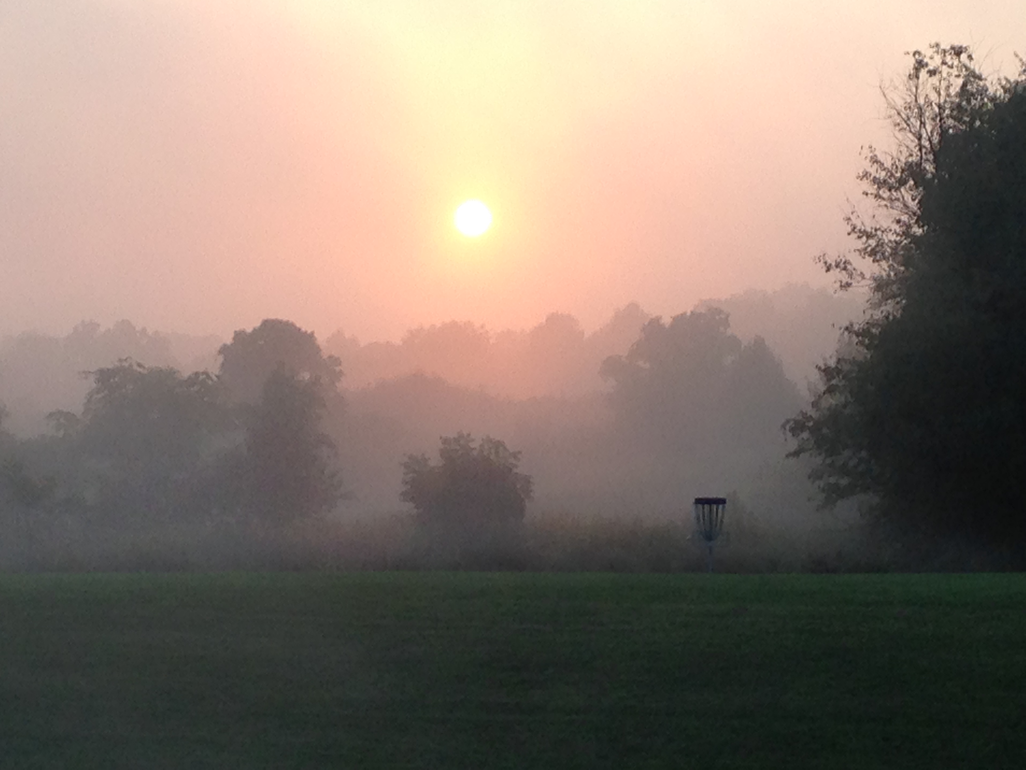 Sunrise over a misty fairway with a disc golf basket